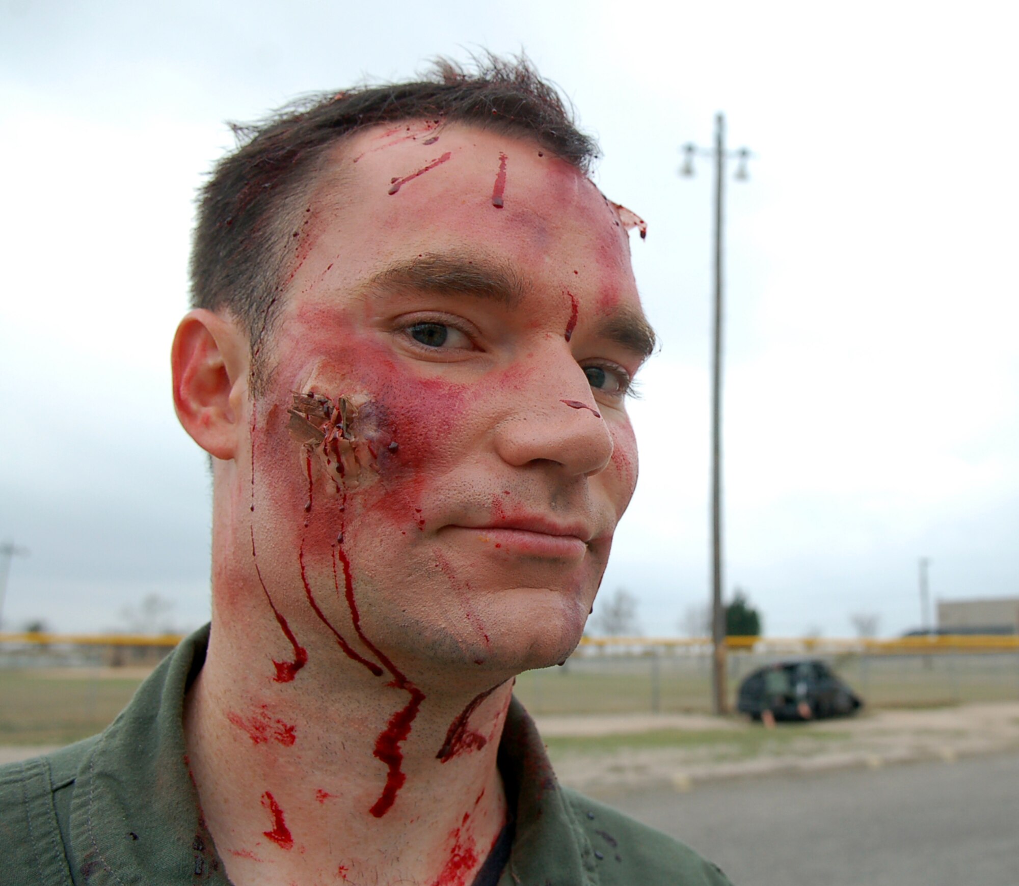 LAUGHLIN AIR FORCE BASE, Texas -- Once a normal 2nd lieutenant, Eric Davison now represents the victim of a simulated tornado touch down near Outdoor Recreation with fragments of wood and glass lodged in his face and forehead.  (U.S. Air Force photo by Staff Sgt. Austin M. May)