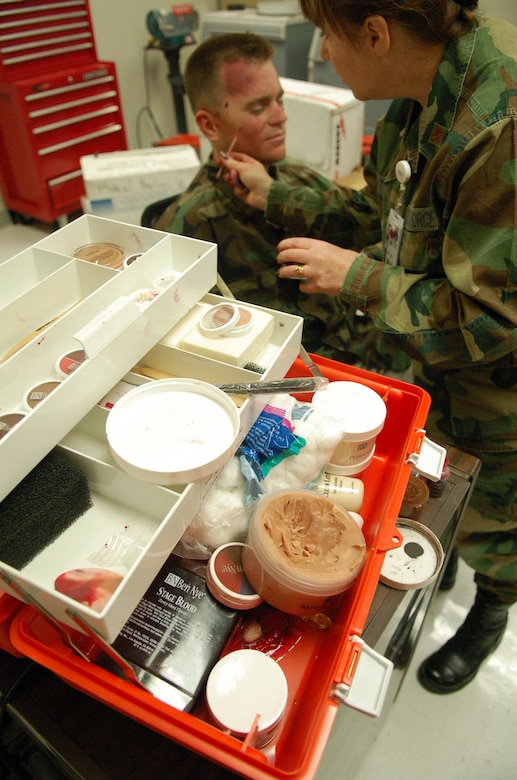 LAUGHLIN AIR FORCE BASE, Texas -- Moulage kits, like the one pictured here, include everything necessary to simulate almost any kind of injury, from minor scratches to objects imbedded in flesh.  Moulage is used to realistically simulate injuries for training medical personnel.  (U.S. Air Force photo by Staff Sgt. Austin M. May)