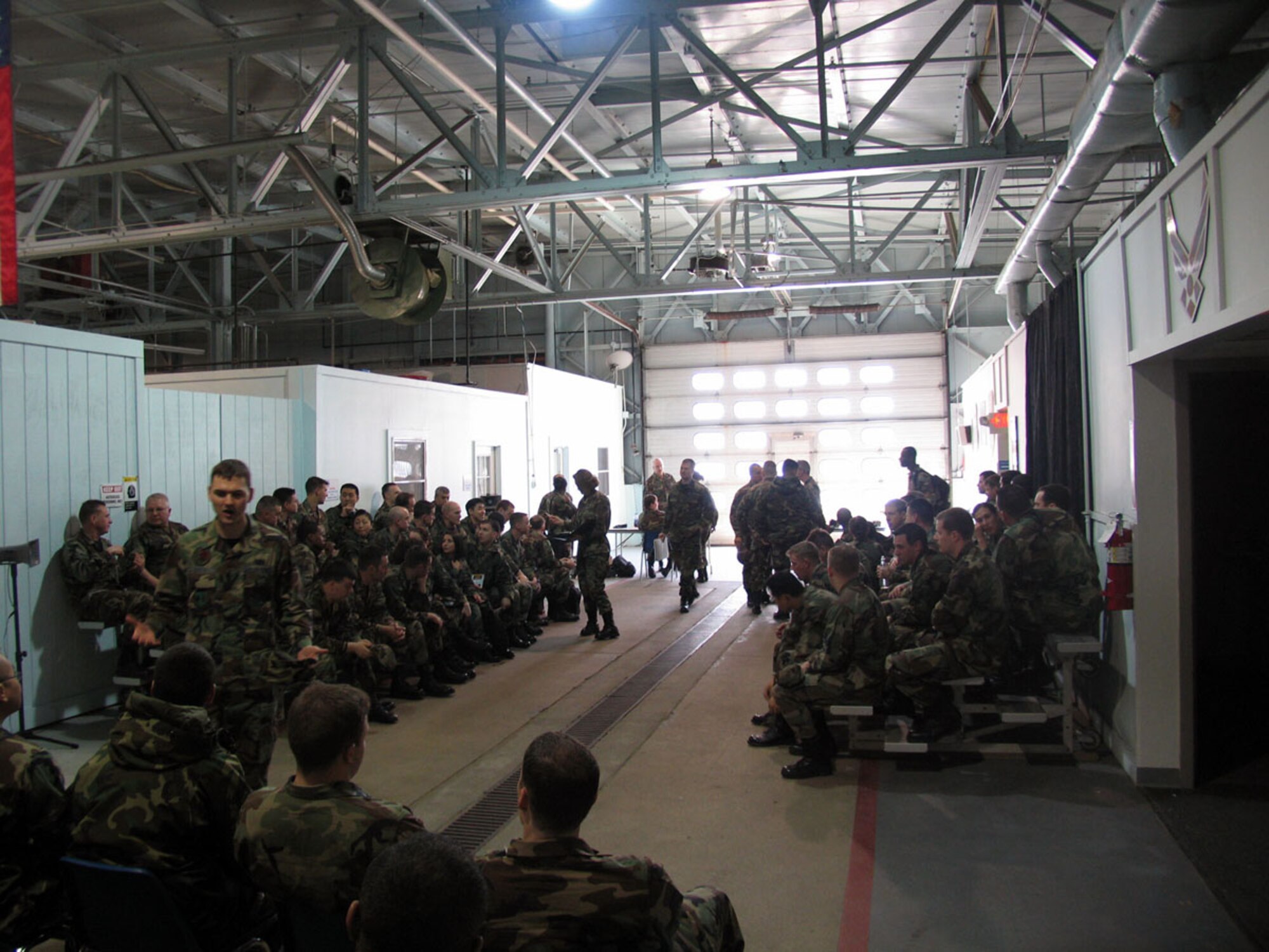 Hanscom personnel prepare to depart for their  “deployed location” during the March Base Readiness Inspection. (US Air Force Photo by Airman 1st Class Clinton Atkins)
