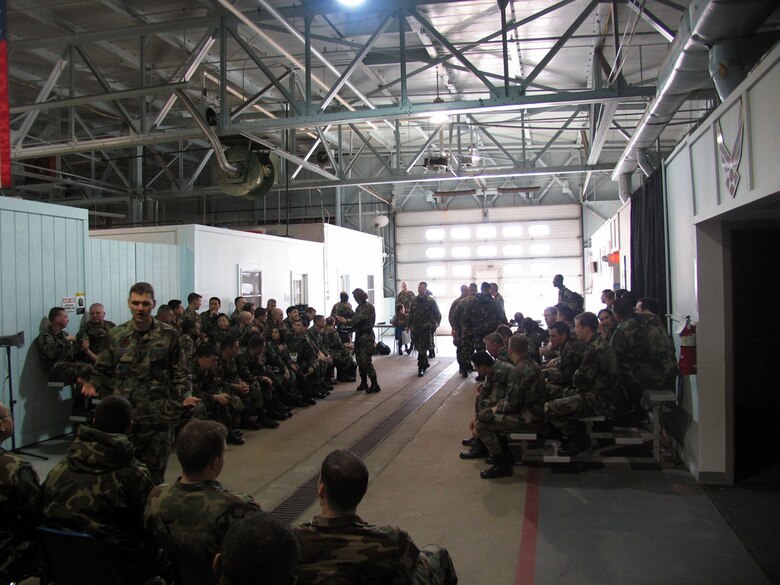 Hanscom personnel prepare to depart for their  “deployed location” during the March Base Readiness Inspection. (US Air Force Photo by Airman 1st Class Clinton Atkins)
