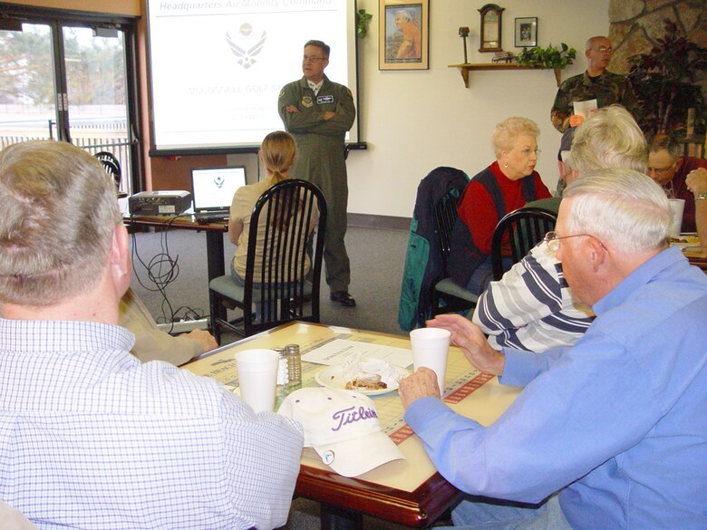 Col. Donald J. Halpin, 22nd Air Refueling Wing commander, kicks off a meeting, March 6, at the golf course snack bar concerning the fate of the Twin Lakes Golf Course. In August 2006, Air Mobility Command recommended closing the course because it needed several repairs in order to be playable and profitable. Since then, the 22nd Services Squadron has been working to keep Twin Lakes open; however, the squadron needs more help from golfers. When people play golf at Twin Lakes, the services squadron earns money to put back into the maintenance and upkeep of the course. Services plans to repair the course’s greens in April, install new driving range equipment in May and begin fertilizing the course more frequently throughout the year to make it more enticing to golfers. Nonetheless, services needs to turn a profit to properly maintain the course. People can help keep the course open by playing more rounds of golf and frequenting the course’s snack bar. (Air Force photo by Senior Airman Amanda Currier)
