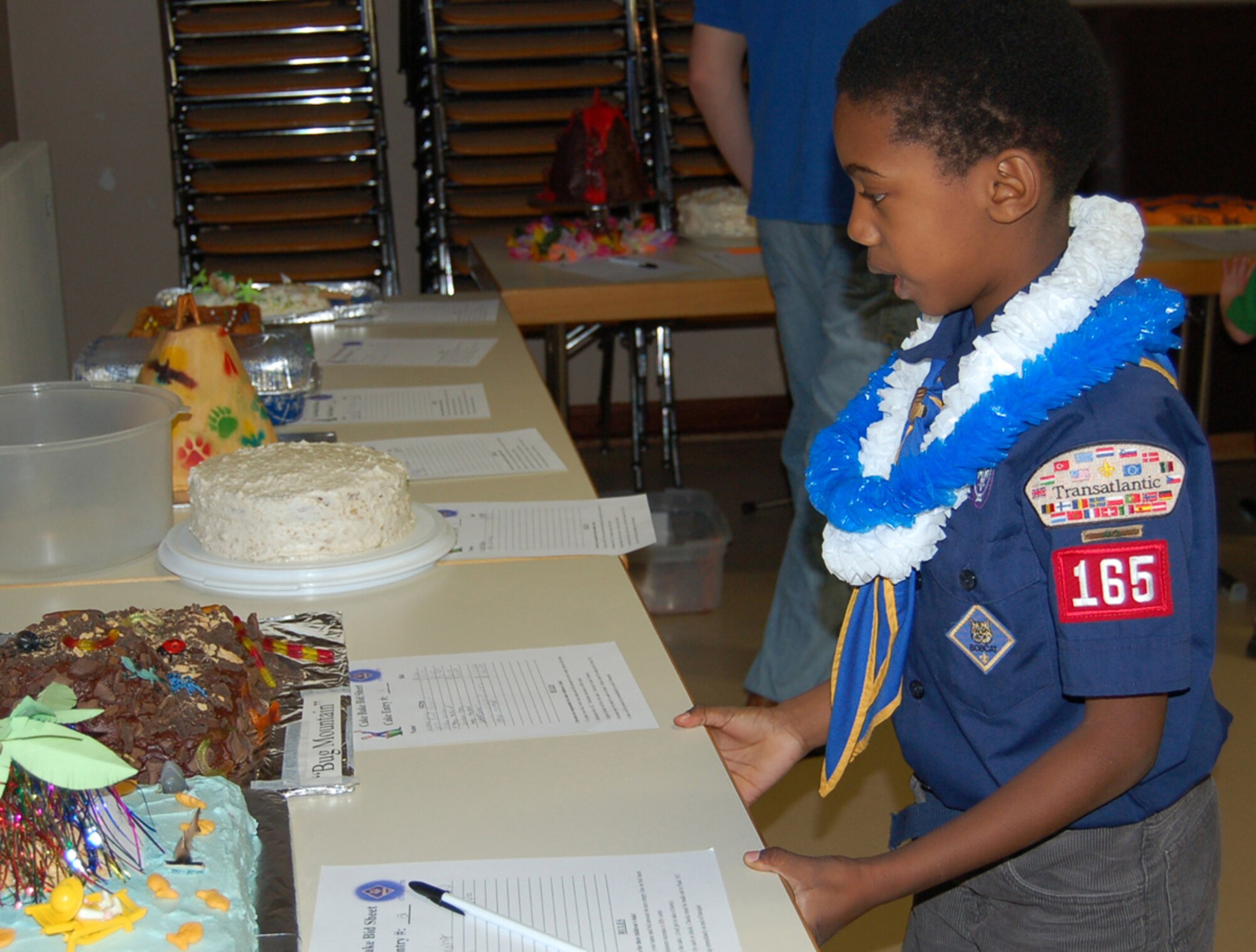 SPANGDAHLEM AIR BASE, GERMANY -- Cameron Epps, son of Master Sgt. Kimberly Adams, 52nd Logistics Readiness Squadron, checks out the cakes on display at the Boy Scouts of America Pack 165 Annual Blue and Gold Awards Banquet. Cameron is a Wolf Scout. (US Air Force photo/Staff Sgt. Tammie Moore)