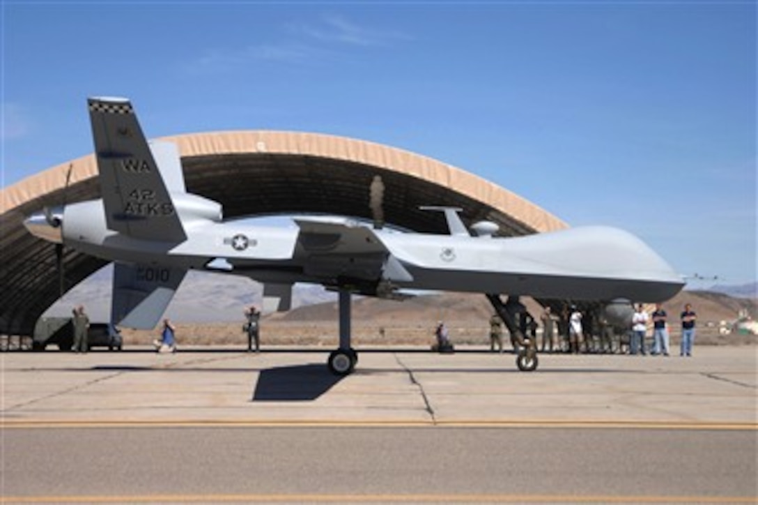 An MQ-9 Reaper unmanned aerial vehicle from the 42nd Attack Squadron taxis into Creech Air Force Base, Nev., March 13, 2007. This marks a historic day for the MQ-9 Reaper, as it was the first operational airframe of its kind to land at Creech. 