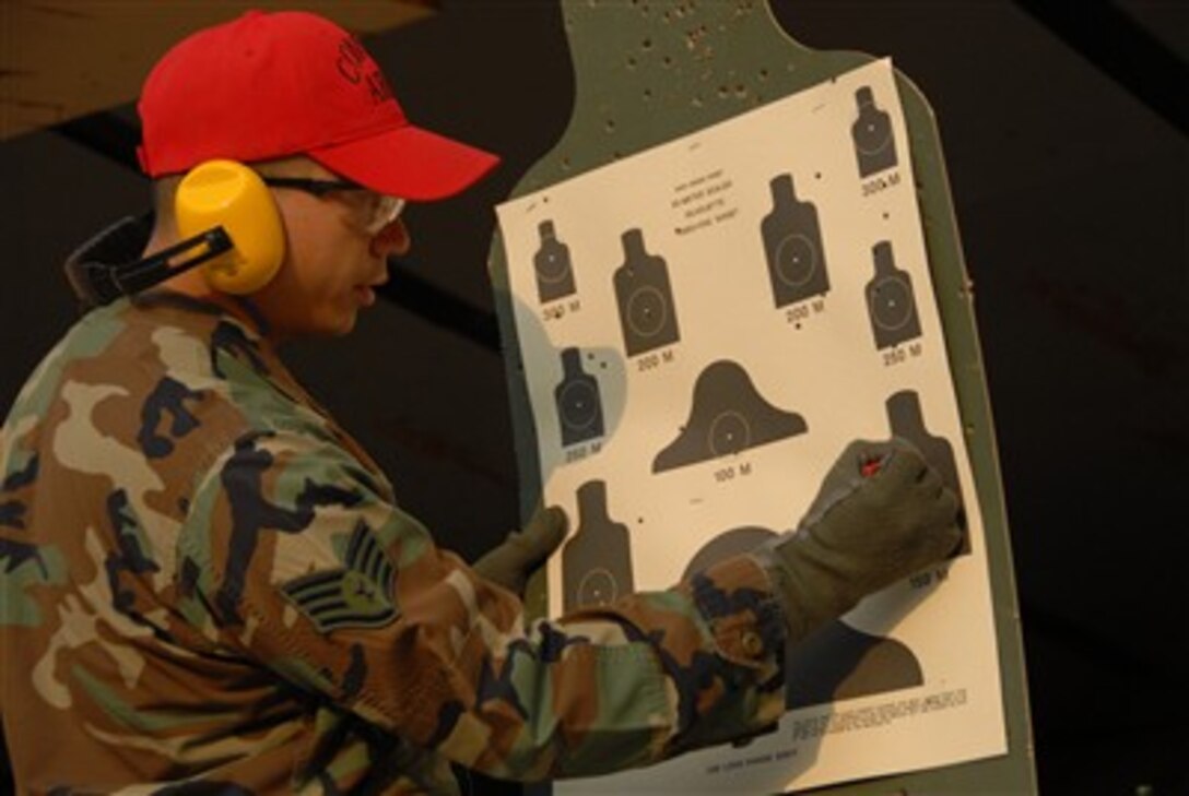 A U.S. Air Force airman checks his target during weapons qualifications in the shooting range at Osan Air Base, South Korea, on March 15, 2007.  