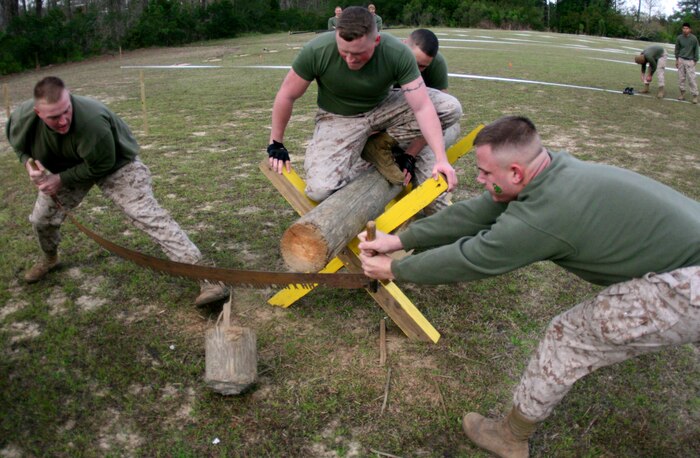 Marines from 8th Engineer Support Battalion, 2nd Marine Logistics Group, participate in the team cross-saw event during the St. Patrick?s Day Field Meet, here, March 18. The field meet was a way for the Marines and sailors of 8th ESB to celebrate the life of St. Patrick, the patron saint of engineers.