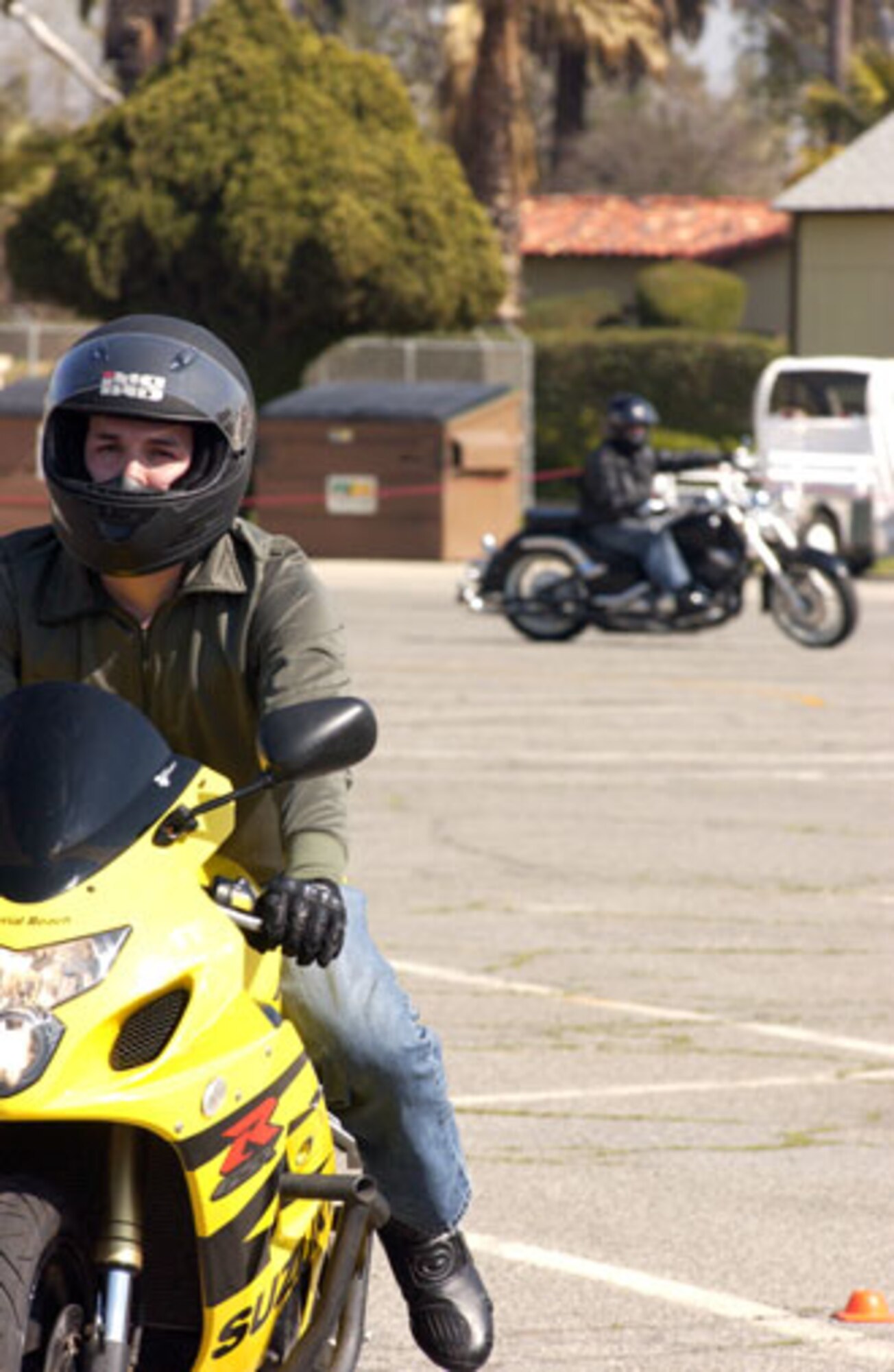 Senior Airman Jaime Hinojosa-Guzman, of the 452nd Air Mobility Wing’s Logistics Readiness Squadron, took the beginning rider’s course at March Air Reserve Base on a track behind the fitness center. (U.S. Air Force photo by Staff Sgt. Amy Abbott)