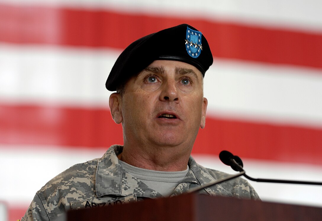U.S. Army Gen. John P. Abizaid addresses the audience during a change-of-command ceremony for U.S. Central Command at MacDill Air Force Base, Fla., March 16, 2007. Abizaid thanked the the officers and coalition partners who he said do so much to fight the war on terror, provide humanitarian assistance, and strengthen partnerships around the world.