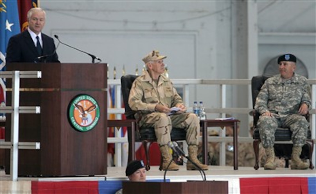 Secretary of Defense Robert M. Gates delivers his speech at the U.S. Central Command Change of Command ceremony. Adm. William J. Fallon took command of CENTCOM from Gen. John P. Abizaid at MacDill Air Force Base 