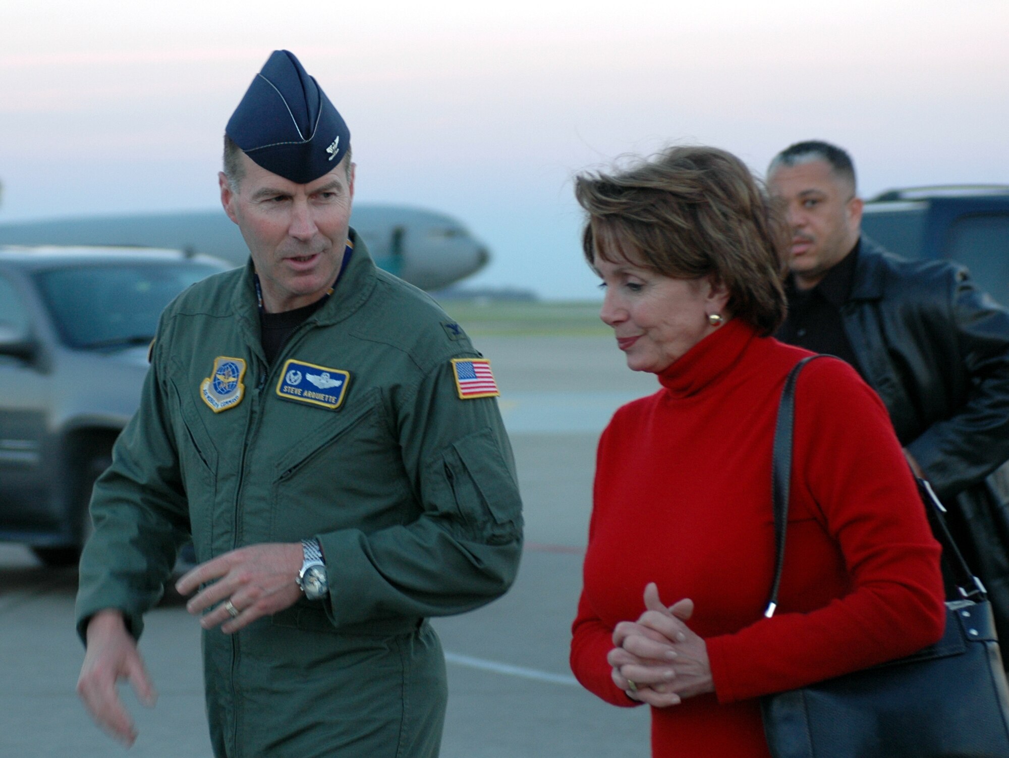 Col. Steve Arquiette, 60th Air Mobility Wing commander, welcomes Nancy Pelosi, (D-Calif.), Speaker of the House, after her arrival March 15. Madame Speaker Pelosi’s visit was the first stop during her trip to California. (U.S. Air Force photo by Airman Kristen Rohrer)
