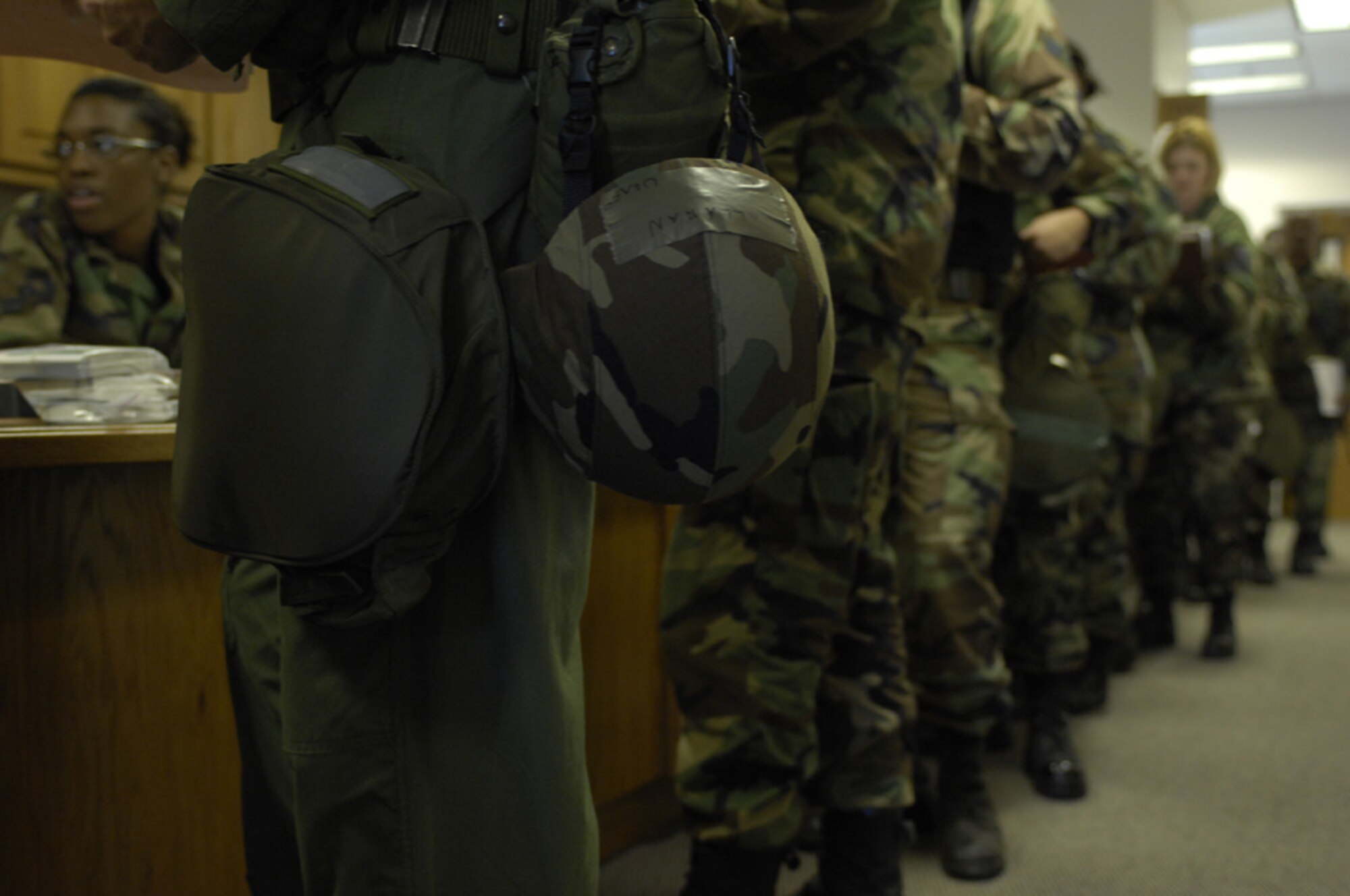 Moody Airmen process through the deployment line on day one of the Operational Readiness Exercise March 19. The exercise tests the base's ability to rapidly deploy and operate in a simulated forward operating location. (U.S. Air Force photo by Staff Sgt. Manuel J. Martinez)