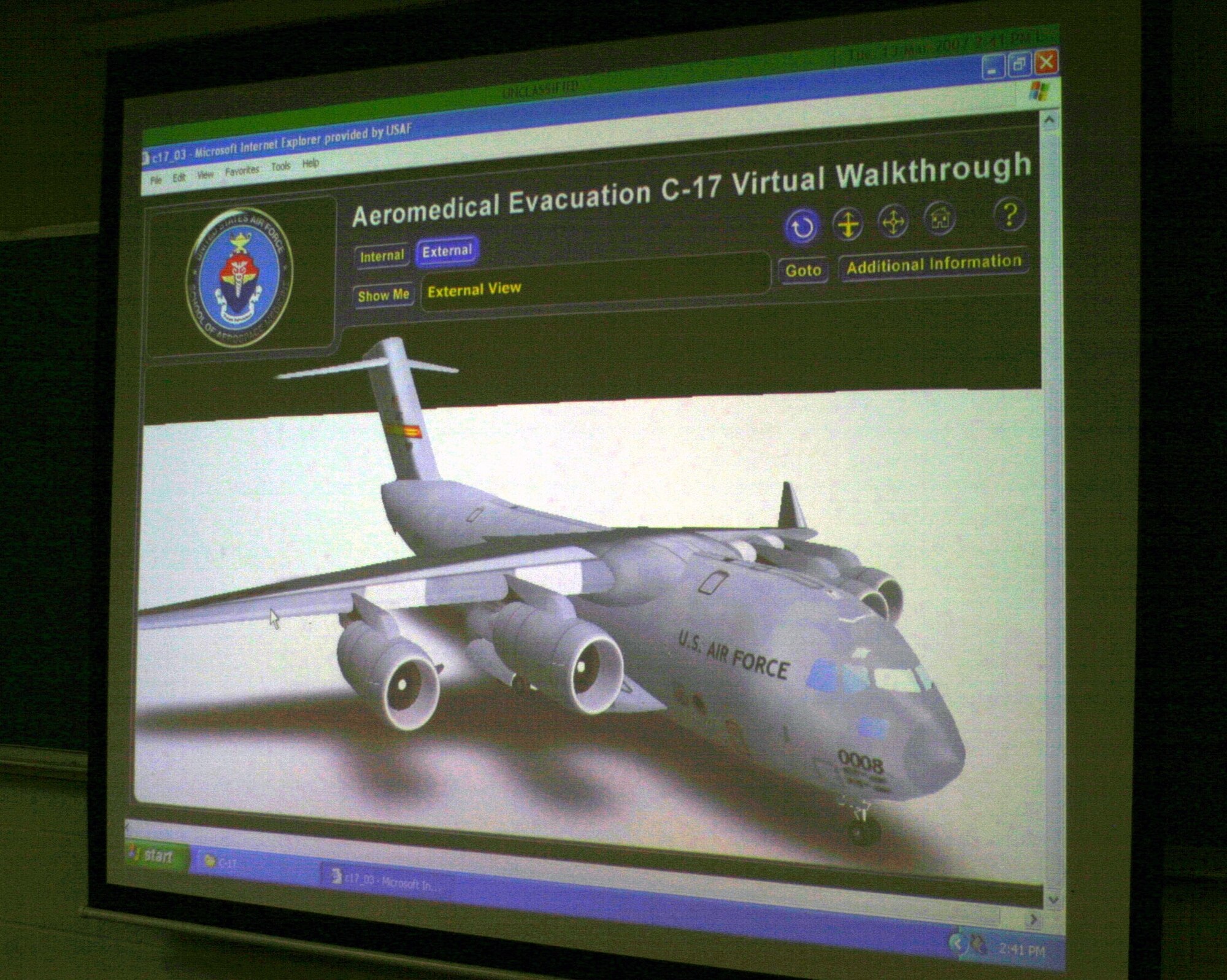 The Aeromedical Evacuation C-17 simulator developed by instructors at the U.S. School of Aerospace Medicine gives students the ability move around the aircraft to locate tools used for transporting patients. (U.S. Air Force photo/2nd Lt. Tania Bryan)