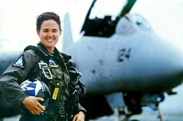 Navy Lt. Kara Hultgreen, the first Navy's first carrier-based combat fighter pilot, stands in front of an F-14.  The lieutenant was killed in a Tomcat crash in 1994. (Courtesy photo)