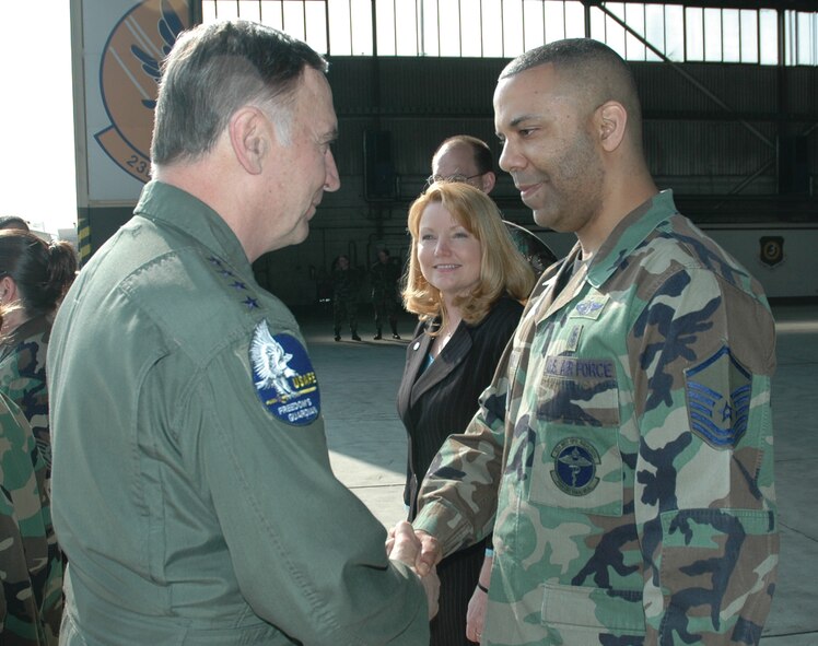 SPANGDAHLEM AIR BASE, Germany -- Gen. Tom Hobbins, U.S. Air Forces in Europe commander, meets Master Sgt. Marcus Thomas, 52nd Fighter Wing, while at Spangdahlem Air Base to shoot an American Forces Network commercial here March 15.  