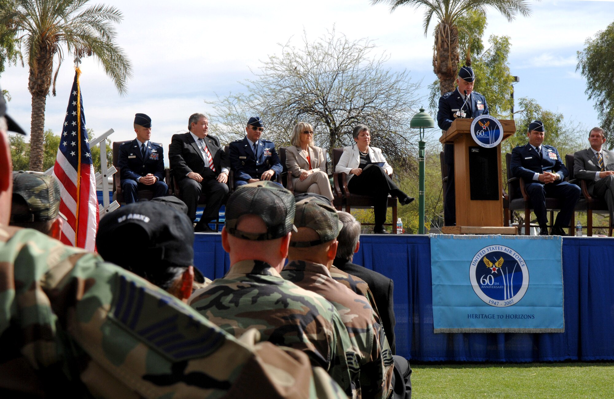 Lt. Gen. Carrol H. Chandler gives a speech on the lawn of the state capital in Phoenix after Arizona Governor Janet Napolitano declared the week of March 19-25 Air Force Week during a proclamation ceremony. Several bus loads of Airmen from nearby Luke Air Force Base joined Arizona state officials and Air Force senior leaders at the state's capital to kick off this year's first Air Force Week event. (U.S. Air Force photo/Staff Sgt. Brian Ferguson) 
