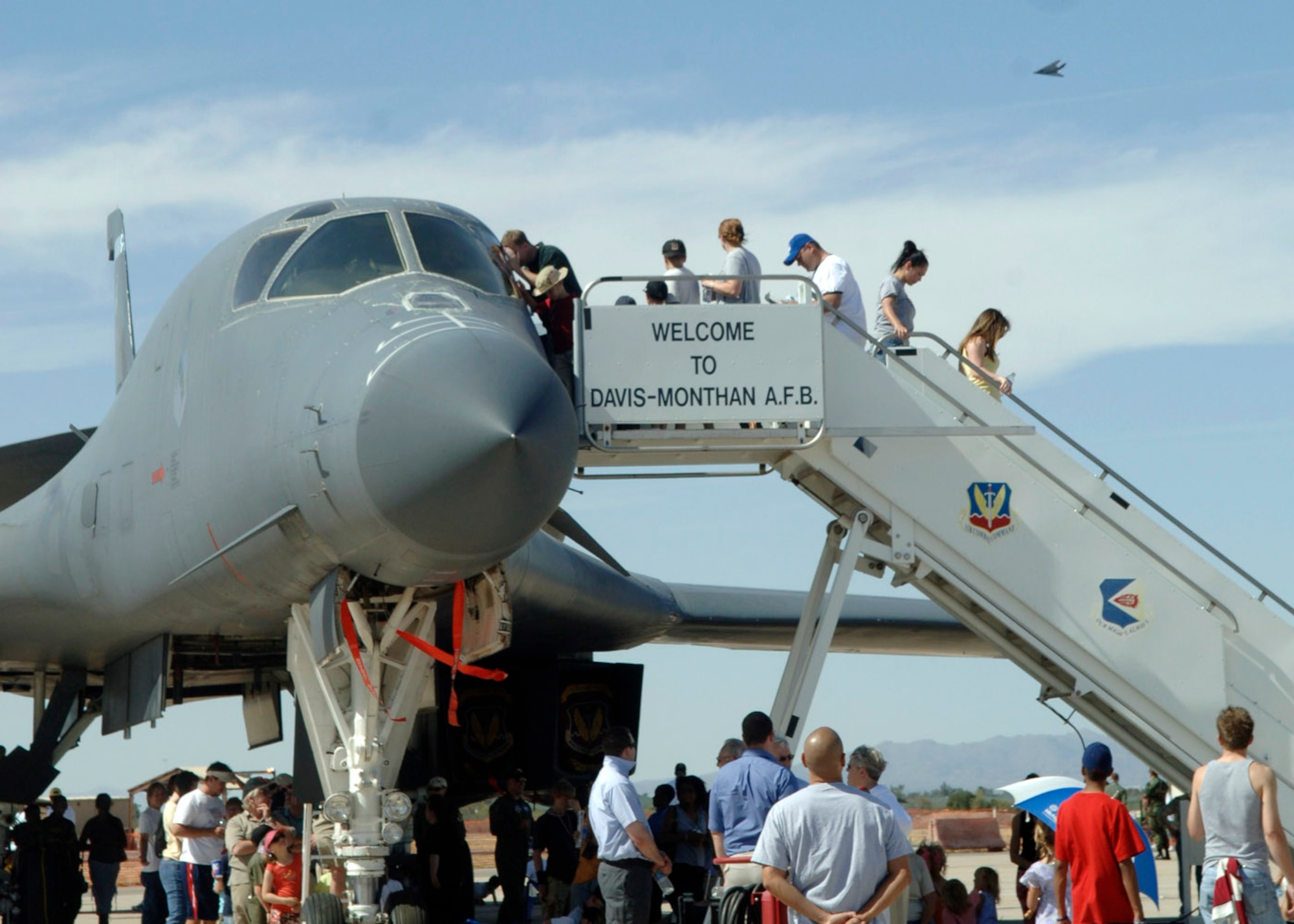 Spectators enjoy a chance to view Air Force aircraft like this B-1B Lancer during the 2007 Aerospace and Arizona Days air show March 18 at Davis-Monthan Air Force Base, Ariz.  The two-day air show offered public an up-close look at military and civilian aerial demonstrations and static-display aircraft from across the U.S. The theme for this year's show was "Davis-Monthan and Tucson: 80 Years of Airpower for America!"  (U.S. Air Force photo/Senior Airman Christina D. Ponte)