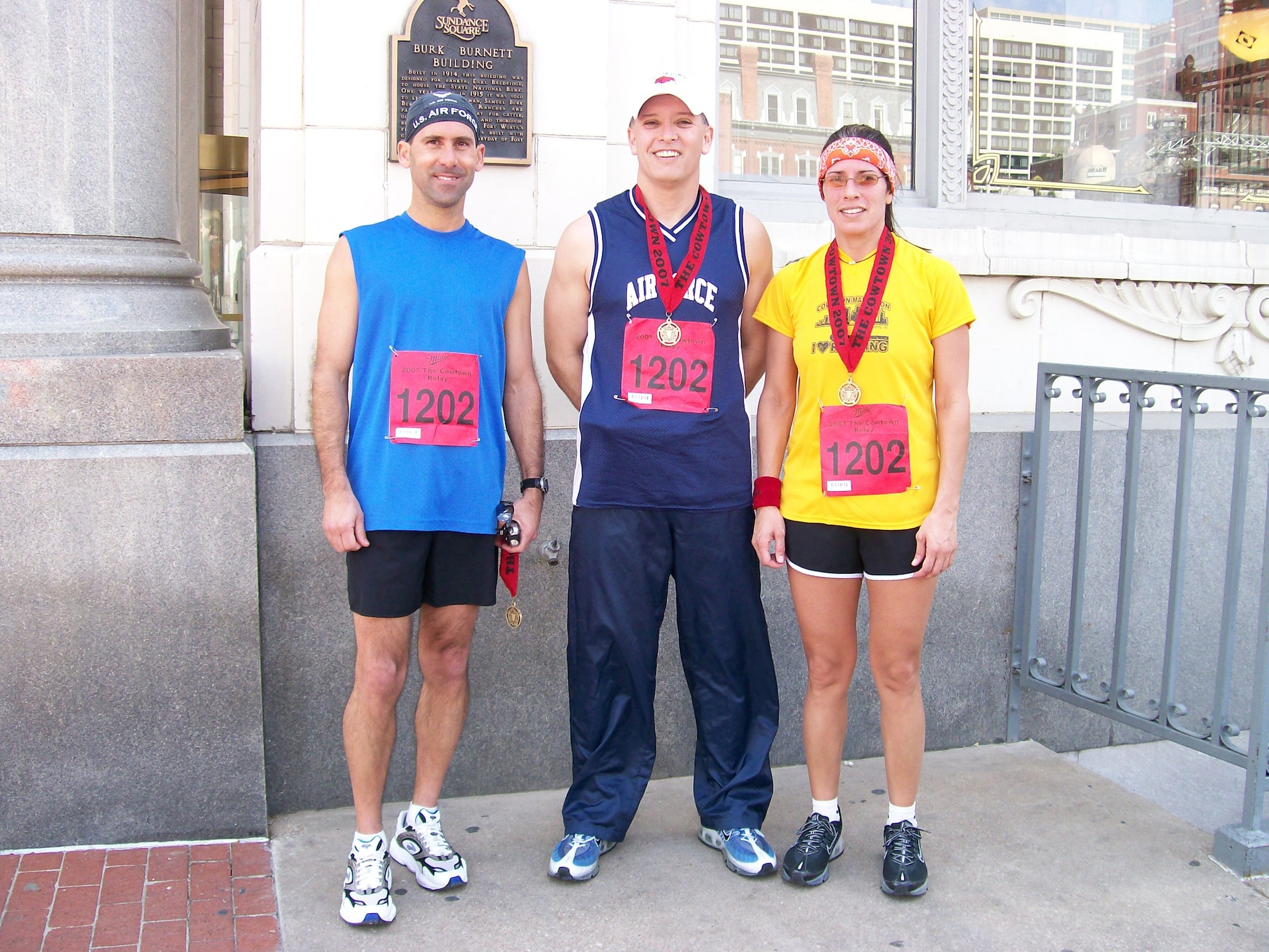 The 301st Fighter Wing marathon relay team, Air Force Flyers, achieved an overall second place finish in the corporate division of this year's Fort Worth Cowtown Marathon held Feb. 24, with a time of 3:22:23. The runners representing the Air Force Reserve Command were: Dean Kousek, 10 Air Force, Jerry Munoz, 301st Mission Support Group. and Jerry's sister, Jeannette Munoz. (U.S. Air Force Photo)