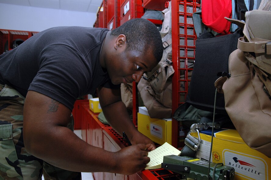 Senior Airman Rob Hall, 60th Fighter Squadron Life Support Airman, accounts for a new radio he just added to a pilot's gear. Life Support responsibilities include maintaining and accounting for all of pilot gear before and after each sortie. Airman Hall makes up part of the 33d Fighter Wing Life Support Section that was awarded best small unit in Air Combat Command for 2006. 