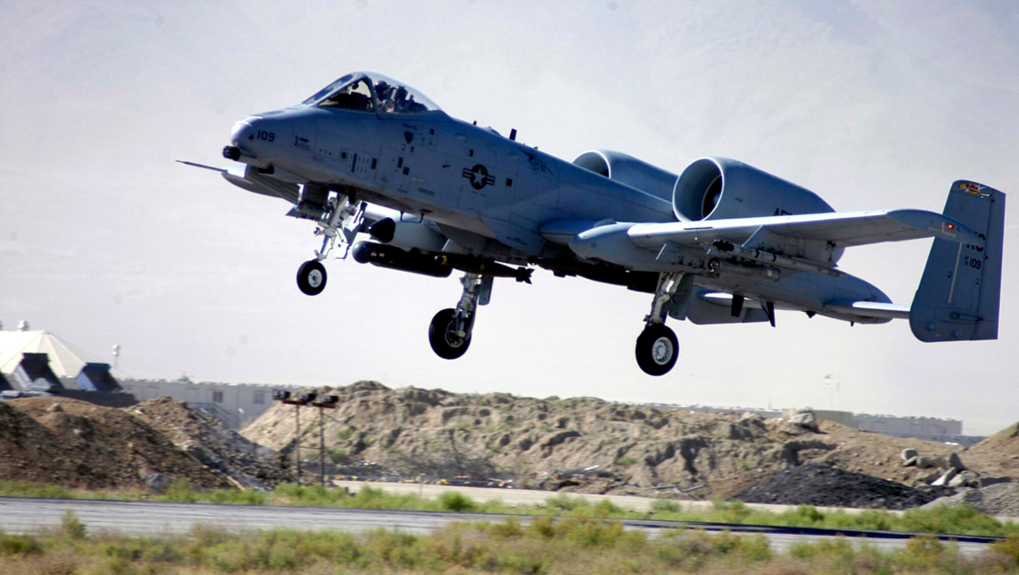 A-10 Thunderbolt IIs, like this one taking off from Bagram Air Base, Afghanistan, are among the various U.S. Central Command Air Forces air assets available for providing close-air support for coalition troops in contact with enemy forces in Iraq and Afghanistan. The A-10 is specially designed for close air support of ground forces and can be used against all ground targets, including tanks and other armored vehicles.  (U.S. Air Force photo/Maj. David Kurle)