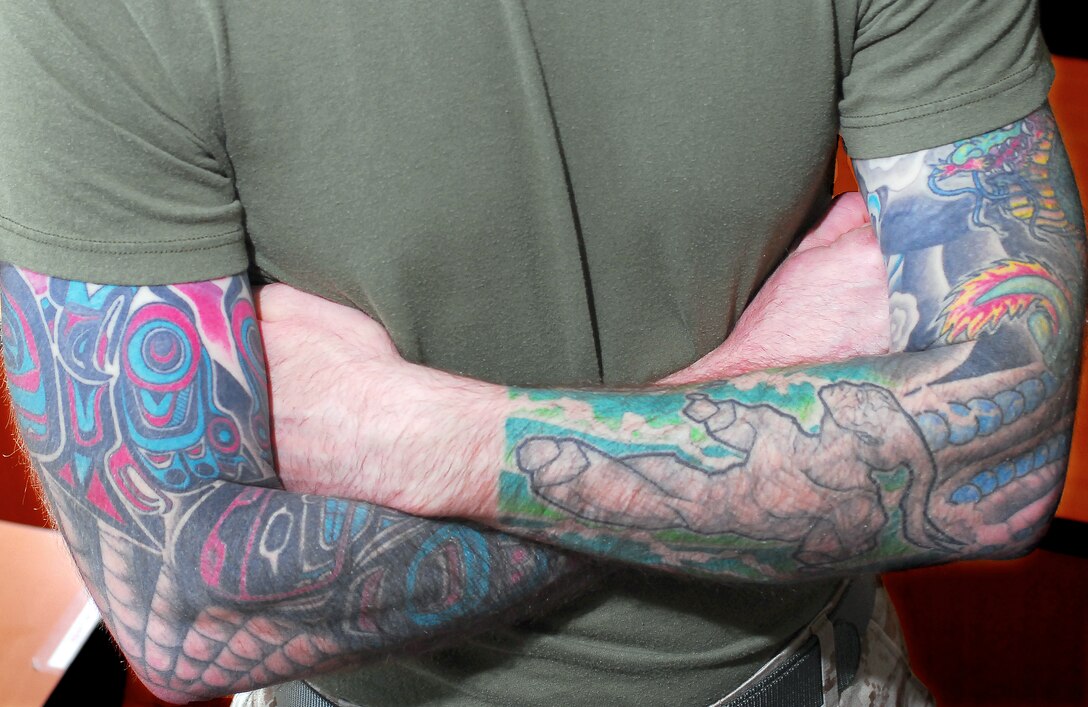 MARINE CORPS BASE CAMP LEJEUNE, N.C. - Marines will be prohibited from getting sleeve tattoos beginning April 1. Those who already have them will be grandfathered into this new policy keeping them competitive for promotions.