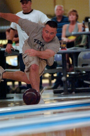 Kirtis Bailey, 437th Logistics Readiness Squadron, aims to pick up a spare during the second day of the bowl-off. 

(RELEASED)(U.S. Air Force photo by Airman 1st Class Nicholas Pilch)