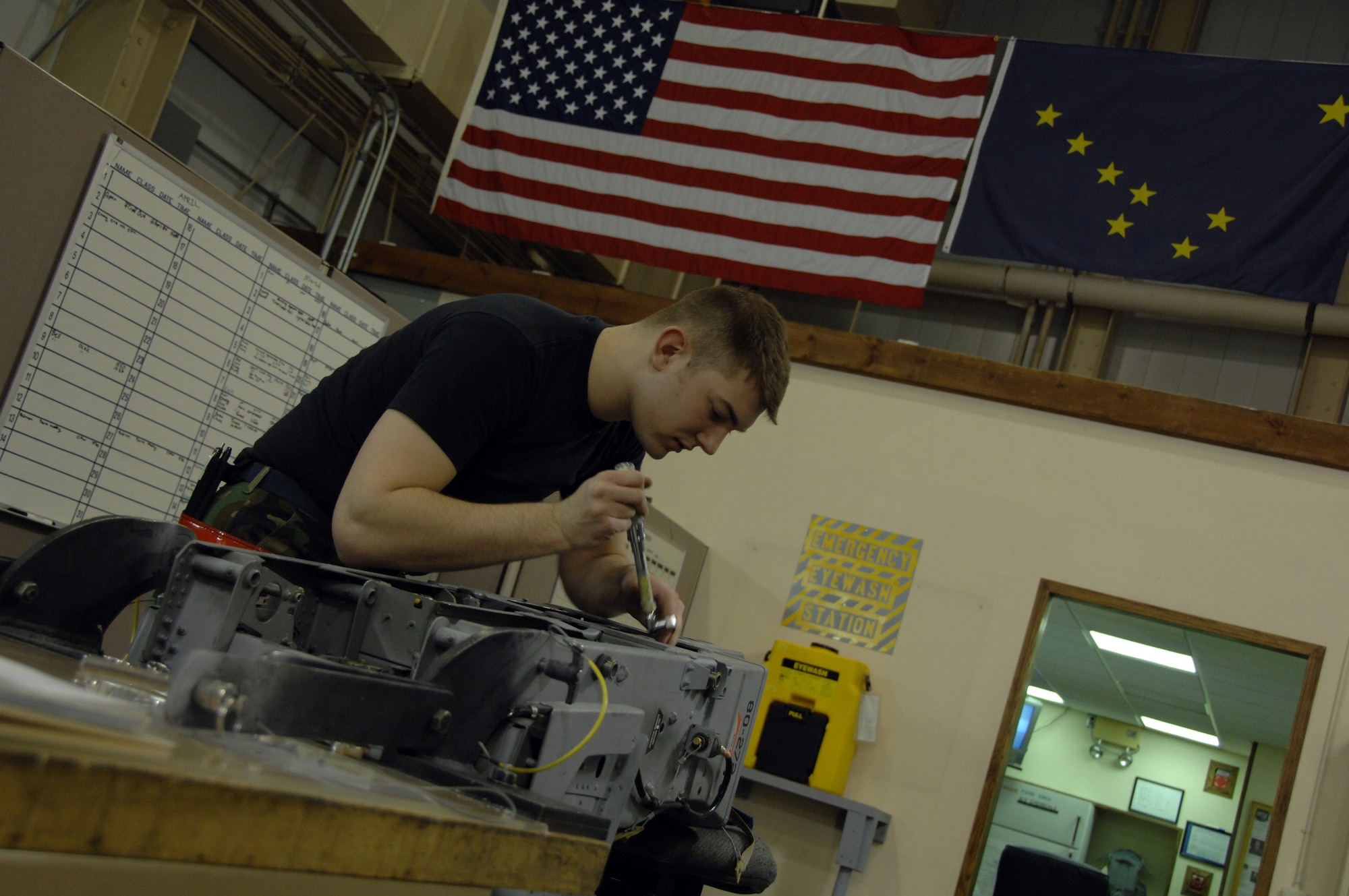 EIELSON AIR FORCE BASE, Alaska -- Airman 1st Class Stephen Rehdantz, 354th Maintenance Squadron (MXS), works on an A-10 seat during its Time Compliance Technical Order 36 month seat inspection here on 21 Mar. The MXS Egress shop conducts the inspection to ensure that the seat is operating properly which usually takes 2 days from the time it is removed from the aircraft until it is reinstalled.
(U.S. Air Force Photo by Staff Sgt Joshua Strang)