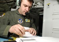 EIELSON AIR FORCE BASE, Alaska -- Staff Sgt. Corrie Elmes, KC-135 Boom Operator, 168 Air Refueling Squadron, 168th Air Refueling Wing, Alaska Air National Guard, reviews the predicted weather conditions for a refueling training mission. The 168th ARW mission is to train and equip KC-135R combat crews to provide air refueling in support of PACAF Operations Plans and worldwide refueling taskings.
 (U.S. Air Force photo by Airman 1st Class Jonathan Snyder)