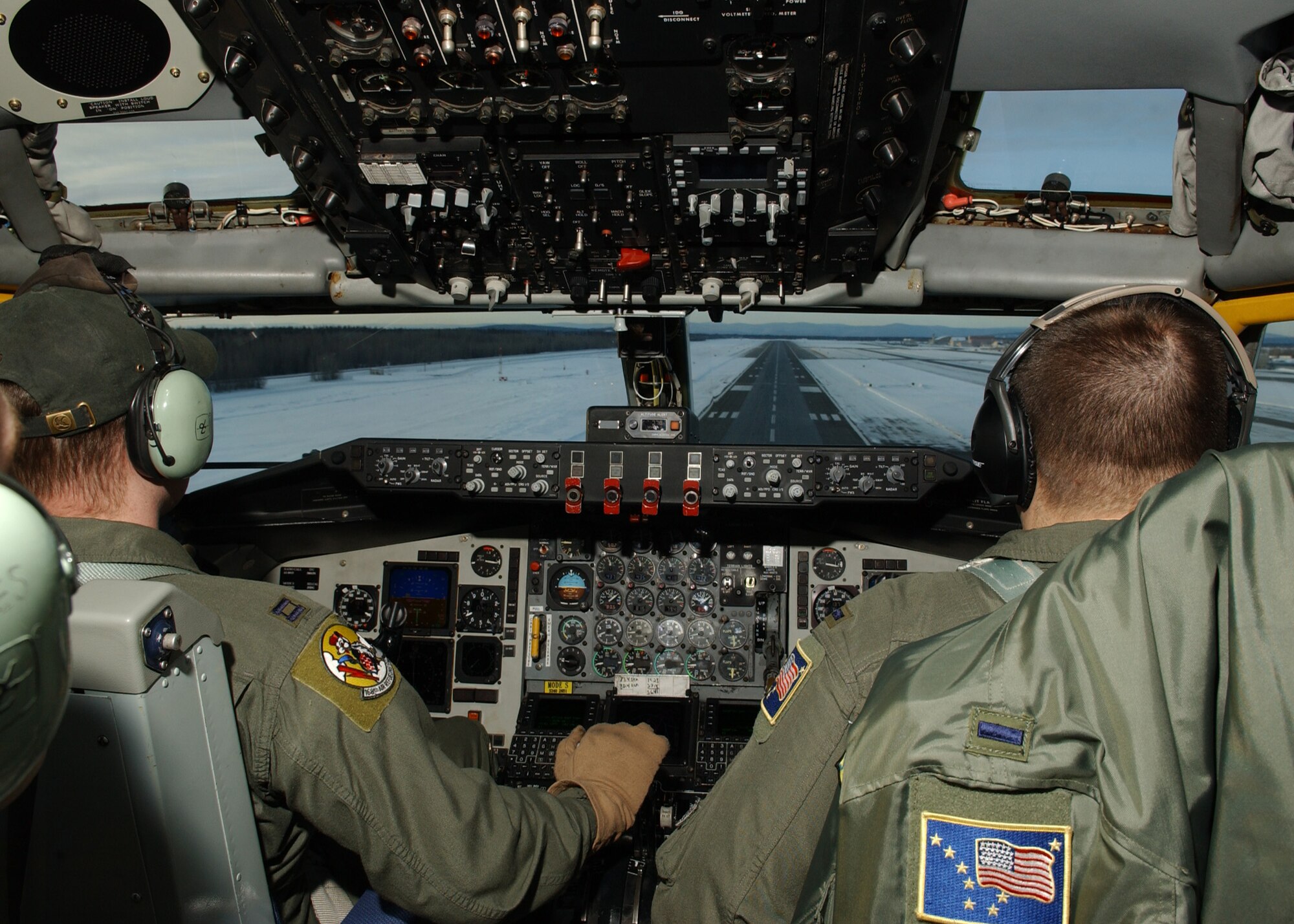EIELSON AIR FORCE BASE, Alaska -- Capt. Ryan King and 1st Lt. Steve Akins, 168th Air Refueling Wing, Alaska Air National Guard, prepare to land on the runway after returning from a refueling training mission on 15 Mar. The 168th ARW mission is to train and equip KC-135R combat crews to provide air refueling in support of PACAF Operations Plans and worldwide refueling taskings.
 (U.S. Air Force photo by Airman 1st Class Jonathan Snyder)