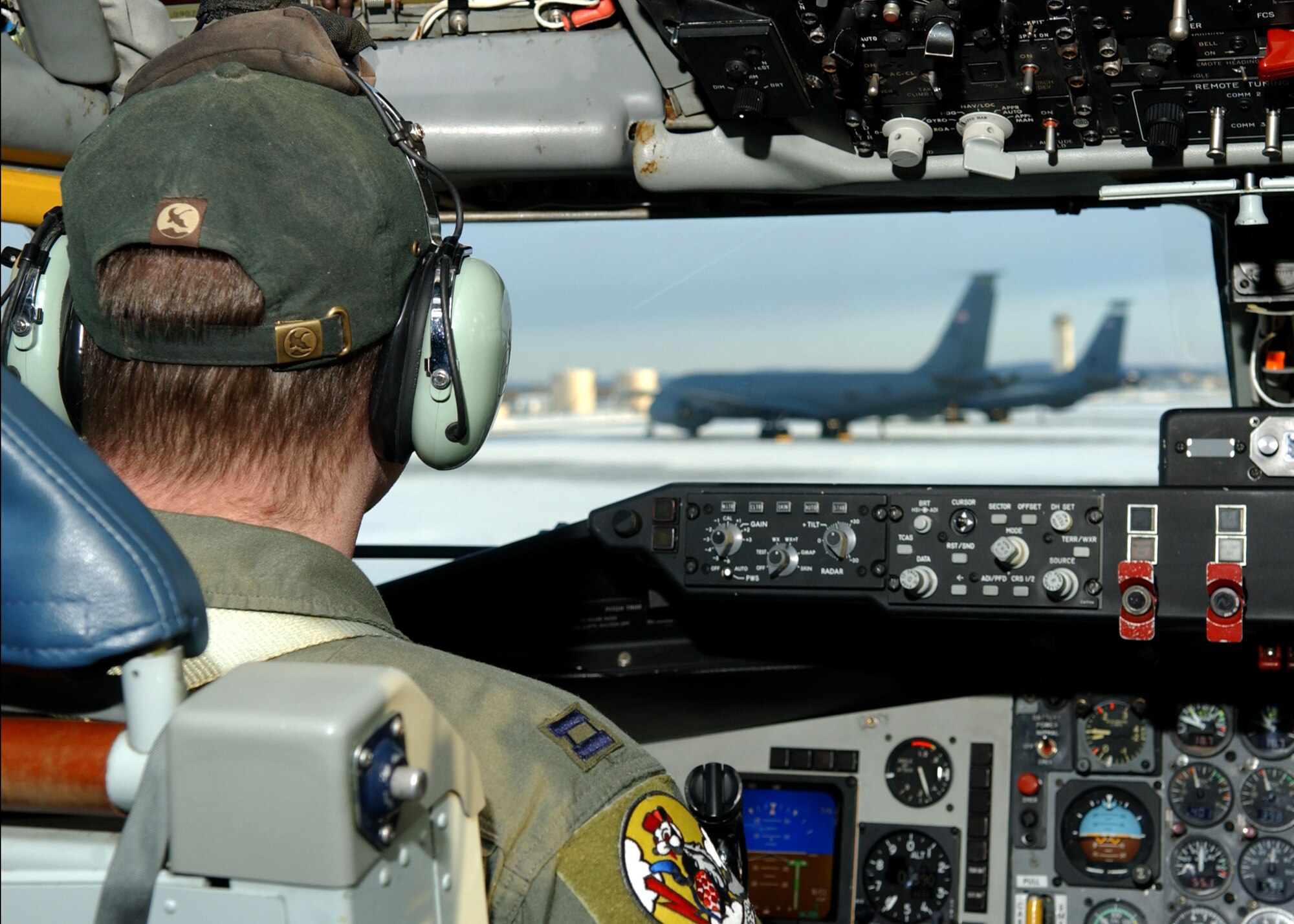 EIELSON AIR FORCE BASE, Alaska -- Capt. Ryan King, 168th Air Refueling Wing, Alaska Air National Guard, taxis in on the runway after returning from a refueling training mission here on 15 Mar. The 168th ARW mission is to train and equip KC-135R combat crews to provide air refueling in support of PACAF Operations Plans and worldwide refueling taskings.
 (U.S. Air Force photo by Airman 1st Class Jonathan Snyder)