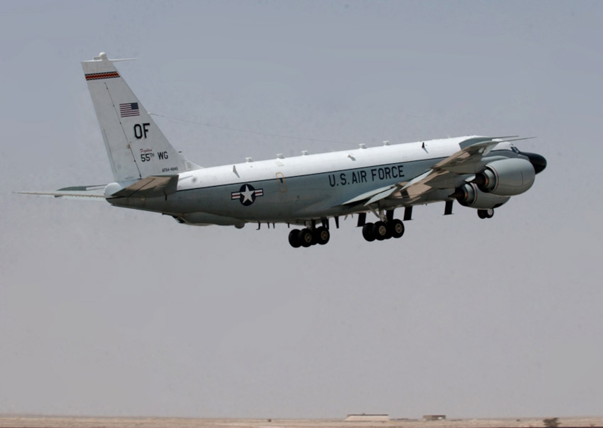An RC-135 Rivet Joint from 379th Air Expeditionary Wing takes off for a mission March 20 in Southwest Asia.  The Rivet Joint provides real time on-scene intelligence collection, surveillance and analysis to forces in the air and on the ground in the U.S. Central Command area of responsibility. The 34-person mission crew can forward gathered information in a variety of formats to a wide range of consumers via Rivet Joint's extensive communications suite. (U.S. Air Force photo/Tech. Sgt. Deborah Davis)
