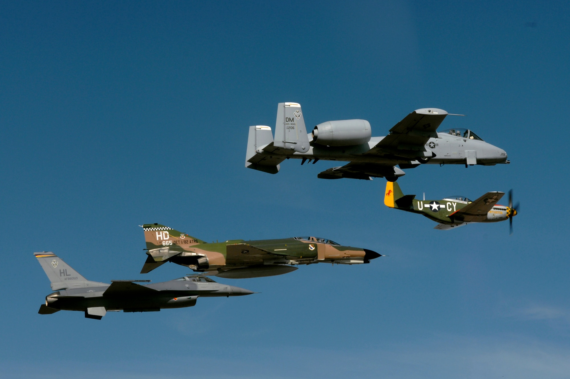 An Air Force heritage flight consisting of a P-51 Mustang, an F-4 Phantom, an A-10 Thunderbolt and an F-16 Fighting Falcon fly over the Arizona desert on March 19 above Sadona. The flight was part of the events taking place in Phoenix for the first Air Force Week celebration of the year. (U.S. Air Force photo/Tech. Sgt. Justin D. Pyle) 