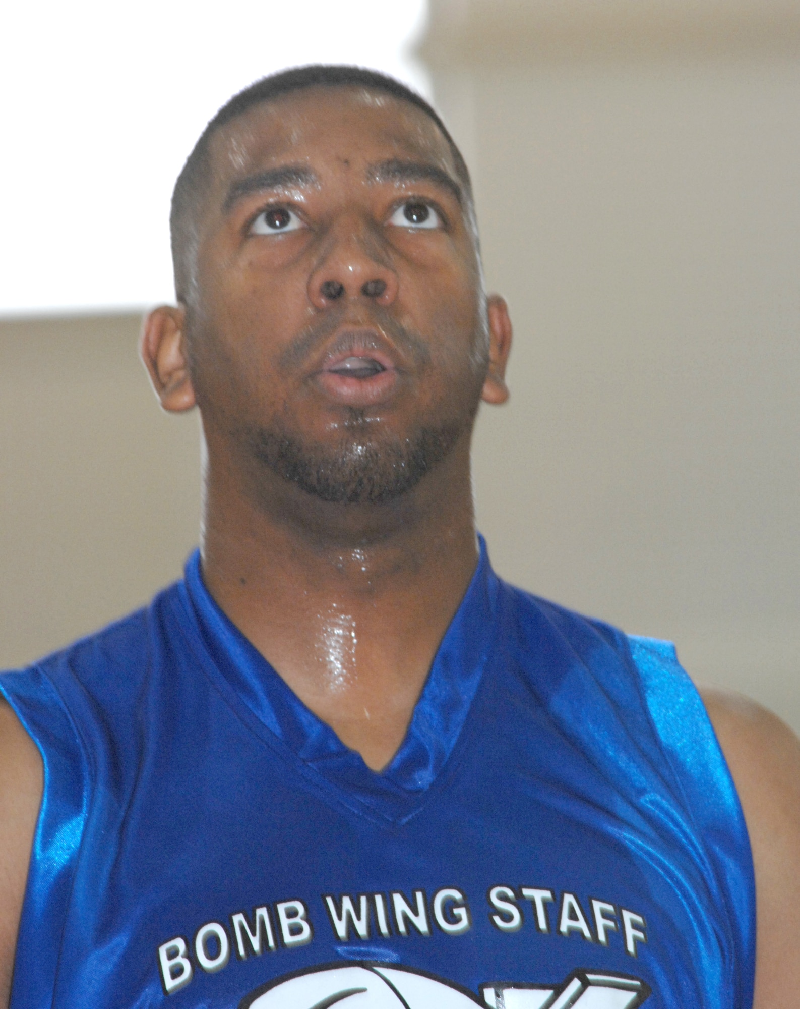 7th BW Staff?s Hewitt Cox eyes down a free throw attempt during the championship game. The 7th Bomb Wing Staff defeated the 7th Equipment Maintenance Squadron 54-48 in the 2007 Over-30 Intramural Basketball Championship. (Photo by Airman Jennifer Romig)