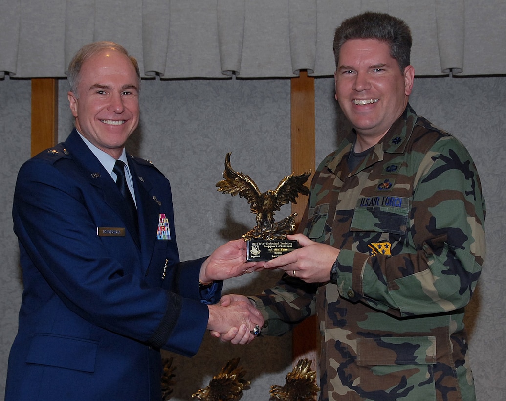 Lt. Col. David Saville, deputy commander of the 82nd Training Group, accepts the 82nd Training Wing Support Civilian of the Year award March 19 from 82nd TRW Commander Brig. Gen. Richard Devereaux on behalf of Lori Wilson.  Ms. Wilson authored two Operational Readiness Inspection validated "Air Force Best Practices," was handpicked by the Air Education Training Command Inspector General's office to augment them for the Lackland Air Force Base, Texas, ORI and trained nine inspectors for the group Maintenance Standardization Evaluation Program. (U.S. Air Force photo/Mike Litteken)