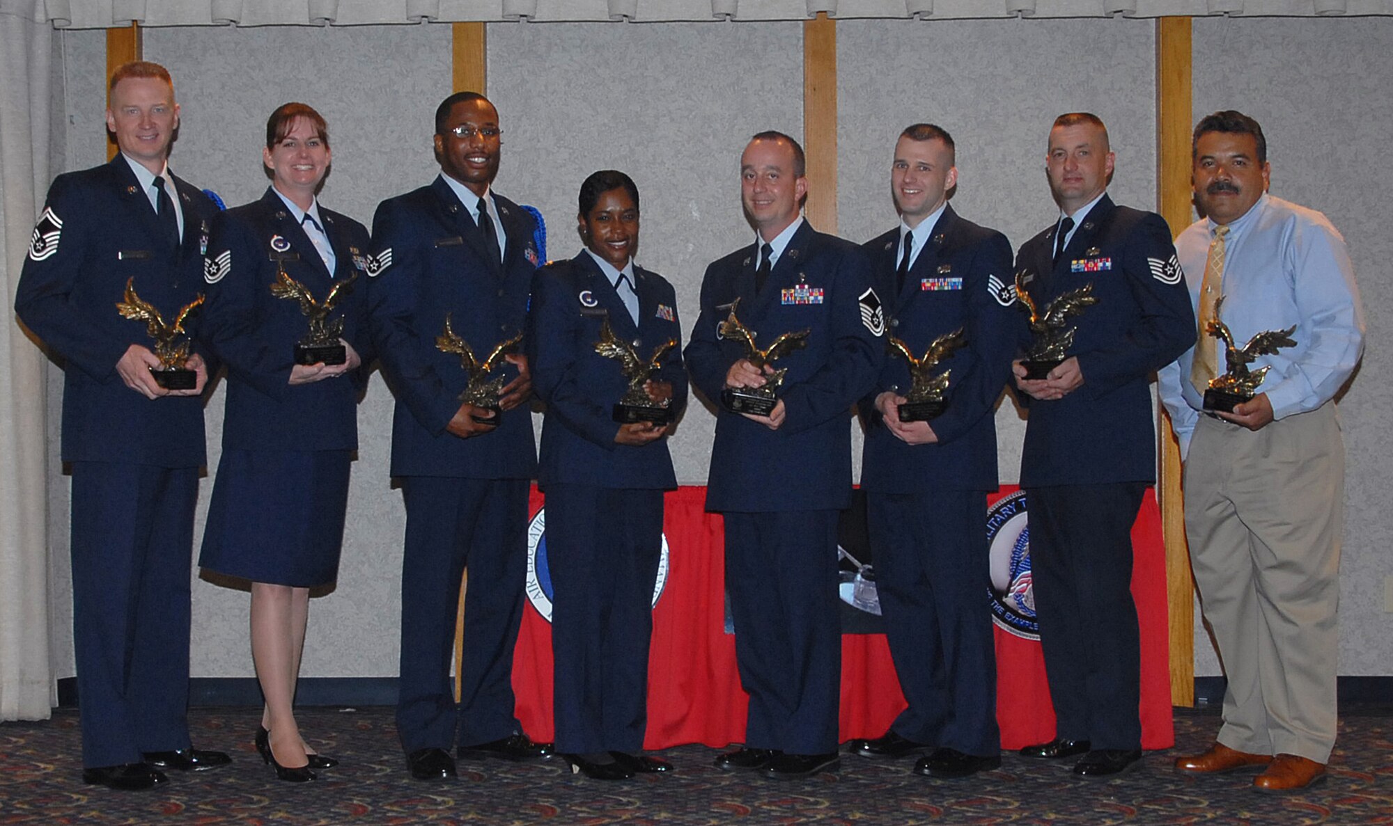 The winners of the 2006 82nd Training Wing Technical Training Awards: Senior Master Sgt. Terry Neuharth, Tech. Sgt. Jacquilynn Astorga, Staff Sgt. Marcus Washington, Maj. Wanda Parham-Bruce, Master Sgt. David Davis, Staff Sgt. David Bard, Tech. Sgt. Randal Pionek, and Mr. Victor Maduro. (U.S. Air Force photo/Mike Litteken)