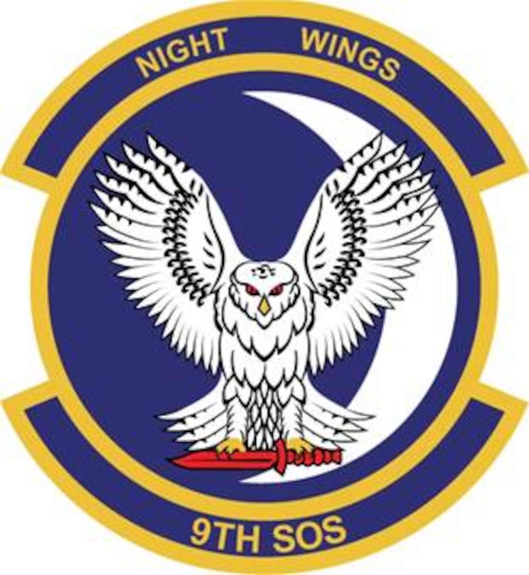 9th Special Operations Squadron emblem significance: The blue of the disc, the crescent moon, and the night sky represent the unit's primary theater of operations.
Yellow signifies the sun and the excellence required of Air Force personnel.
The owl is symbolic of the unit's aircraft and its ability to operate in the night low-level flight regime. The wisdom associated with the owl represents the knowledge and expertise each squadron member possesses to perform the mission.
The commando knife clutched by the owl in its talons represents the special operations legacy with which the unit has been entrusted.