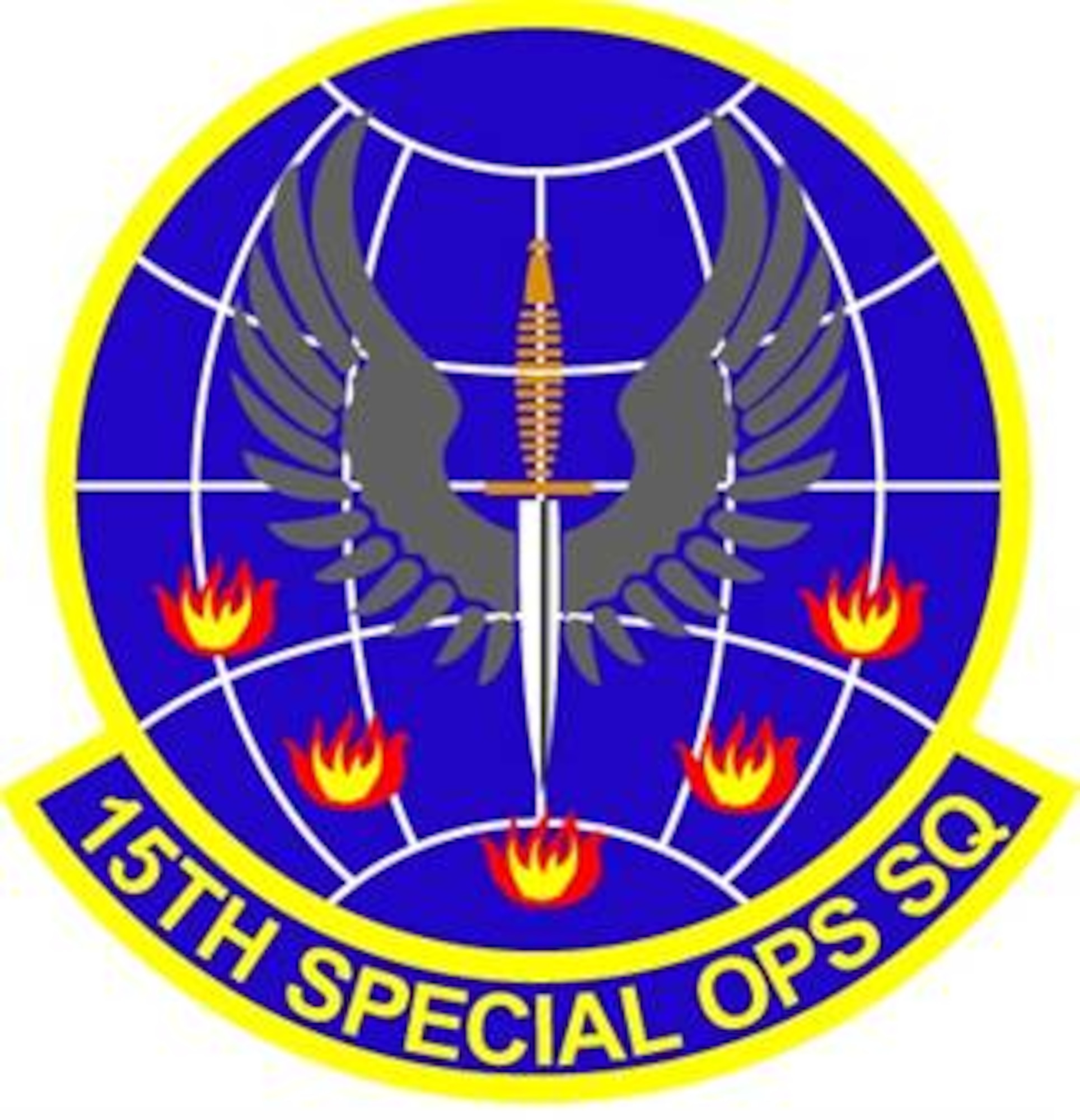 15th Special Operations Squadron emblem significance: Blue represents the sky, the primary theater of Air Force operations. Yellow signifies the sun and the excellence required of Air Force personnel. The globe reflects the worldwide scope of special operations. The winged dagger is symbolic of the squadron's ability to deliver precision operations anywhere and anytime. The flames allude to bomb blasts and recall the squadron's predecessor unit (15th Bombardment Squadron). They also signify the five theater commands to which the squadron provides support and point out the specialized nature of most special operations missions.