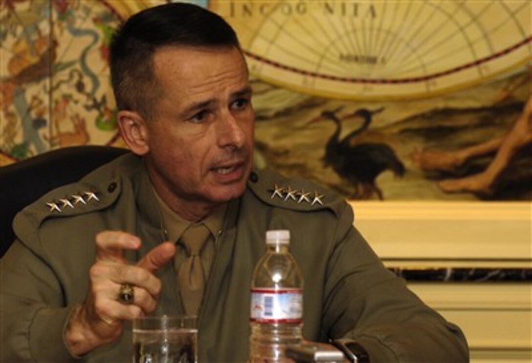 Chairman of the Joint Chiefs of Staff U.S. Marine Gen. Peter Pace addresses questions from Japanese and international members of the press during a press conference in Tokyo, March 21, 2007. 