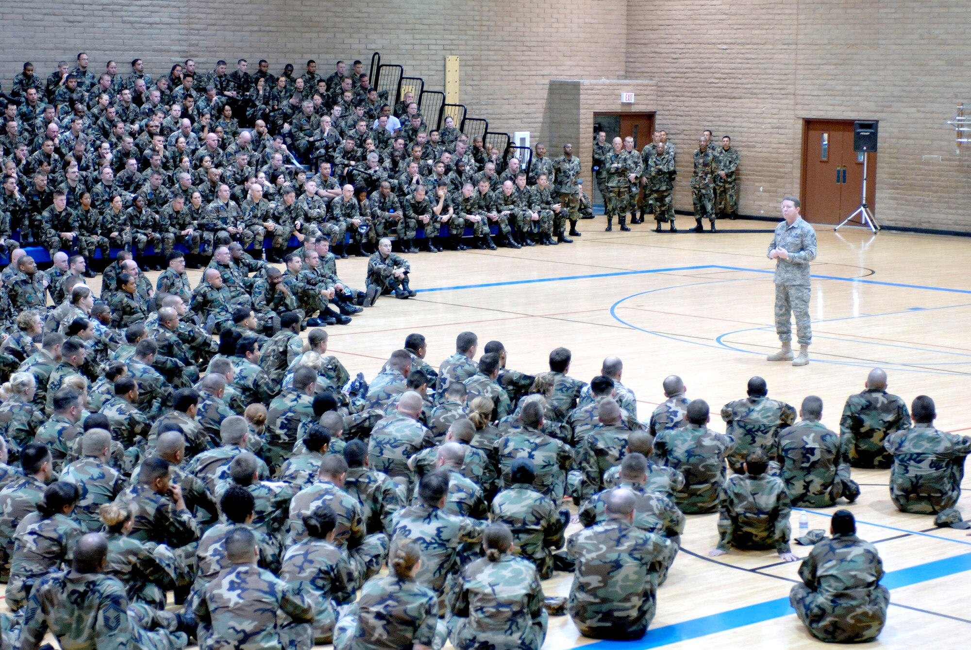 Chief Master Sgt. of the Air Force Rodney J. McKinley talks to Airmen at an enlisted call March 21 at Luke Air Force Base, Ariz. Chief McKinley discussed such topics as the new Air Battle Uniform and winning the war on terrorism. Chief McKinley is at Luke AFB as part of Air Force Week, which runs from March 19-23. (US Air Force photo/Senior Airman Christopher Hummel)