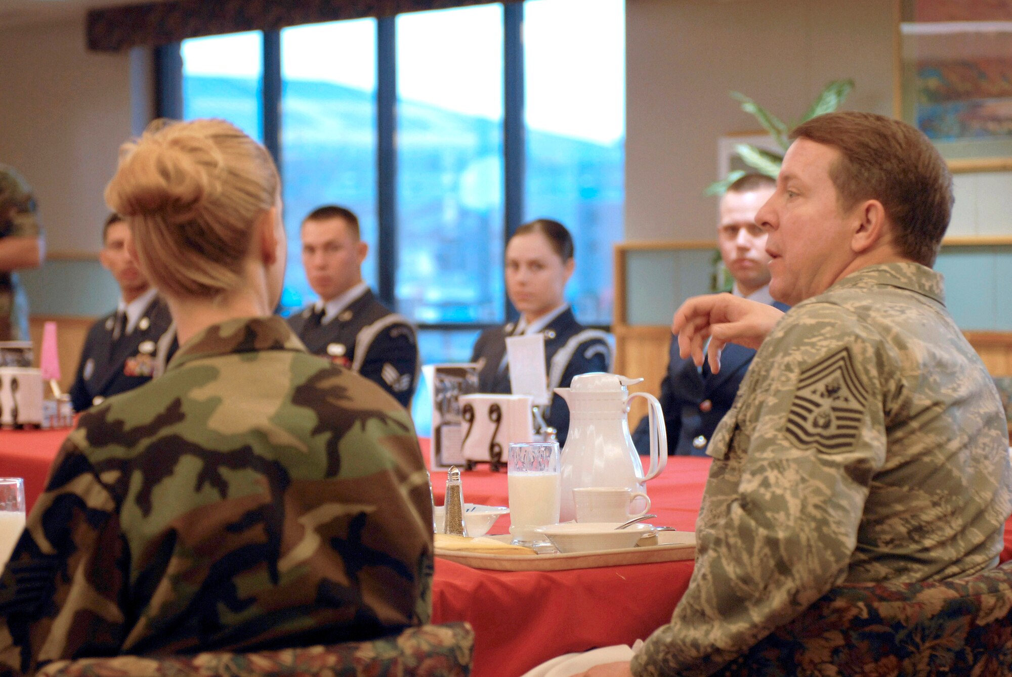 Chief Master Sgt. of the Air Force Rodney J. McKinley discusses various topics with Airmen during a breaksfast March 21 at Luke Air Force Base, Ariz. Chief McKinley was at Luke AFB as part of Air Force Week, which runs March 19 to 23. (U.S. Air Force photo/Senior Airman Christopher Hummel)