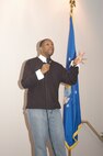 A fundraising event for the 345th Training Squadron served as a special venue for  Staff Sgt. Walter Campbell to entertain the audience with humorous, and sometimes thought-provoking, jests about everything to the phase system in technical schools to the all-encompassing answer, "hooah." Sergeant Campbell, who was the master of ceremonies for the event, is assigned to the 345th TRS. (USAF photo by April Blumer)