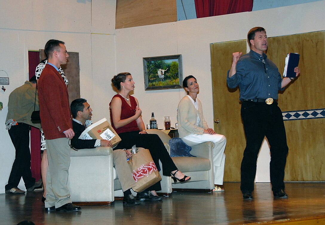 The ENJJPT Players perform together during the opening night of "Noises Off," at the Sheppard Community Center March 21. (U.S. Air Force photo/Mike Litteken)