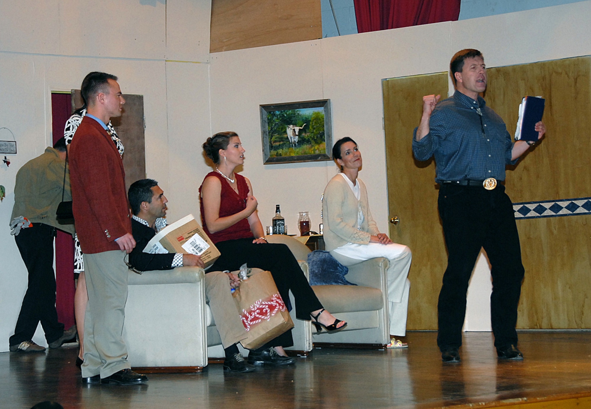 The ENJJPT Players perform together during the opening night of "Noises Off," at the Sheppard Community Center March 21. (U.S. Air Force photo/Mike Litteken)