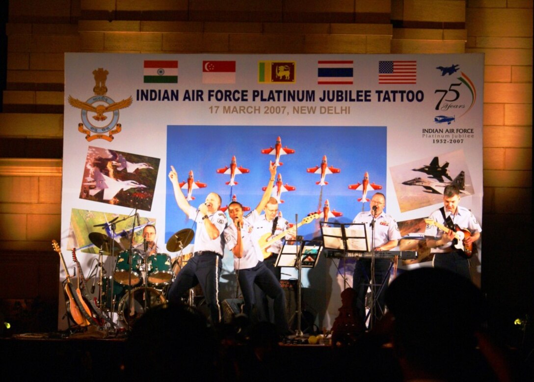 INDIA - The USAF Band of the Pacific-Asia's rock group "Pacific Trends"
performs in the Indian Air Force's Platinum Jubilee at the India Gate in New Delhi. Pacific Trends was invited by the Chief of Staff of the Indian Air Force to help celebrate the Indian Air Force’s 75th Anniversary. The IAF held its Platinum Jubilee in New Delhi on 17 and 18 March 2007 and invited Air Force Bands from a wide variety of nations to join the celebration. In addition to the United States, Sri Lanka, Singapore, Thailand, and Russia sent Air Force bands to be part of the celebration.(Air Force photo by Maj Daniel Price)