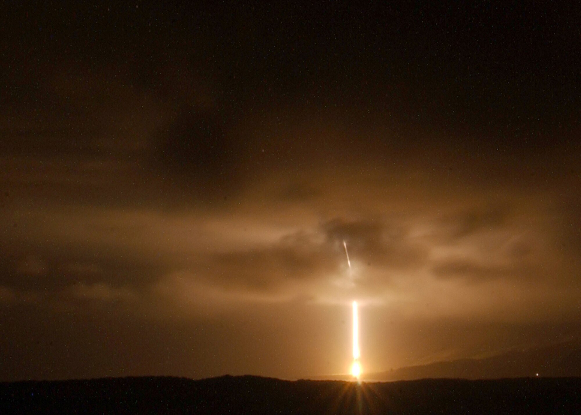 An unarmed Minuteman II intercontinental ballistic missile testing Missile Defense Agency sensors launches from North Vandenberg at 9:27 p.m. March 20.