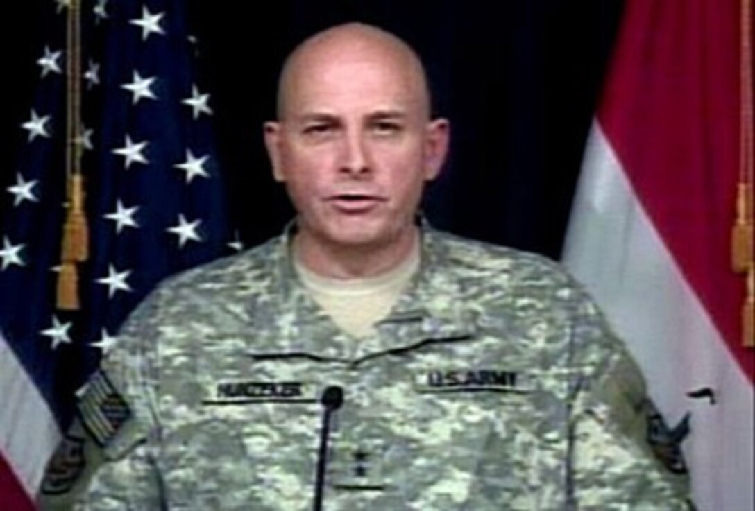 U.S. Army Maj. Gen. Kenneth Hunzeker, commanding general of the Civilian Police Assistance Training Team, Multi-National Security Transition Command-Iraq, speaks via satellite with reporters at the Pentagon, March 22, 2007.