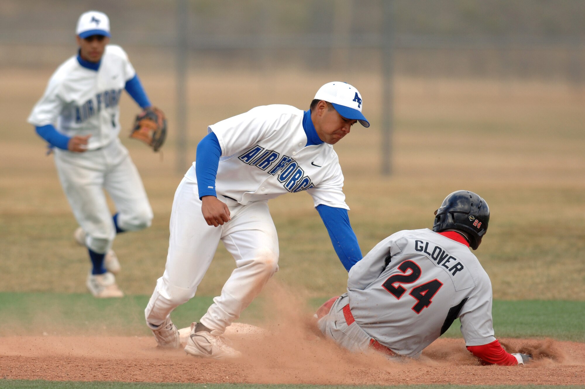 Senior 2d baseman Geno Salazar applies the tag at 2nd base during the 12-9 loss to San Diego State March 22. Cadet Salazar went 3-for-4 with a walk, double and RBI. The Falcons hosted the Aztecs for a 3-game series. (U.S. Air Force photo/Mike Kaplan)