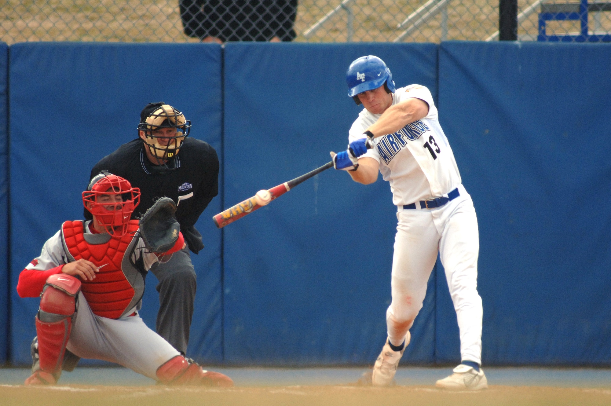 Senior Cadet Karl Bolt connects on the first of his two home runs during the 12-9 loss to San Diego State March 22. He hit his 31st and 32nd career home runs, moving him into seventh place all-time at the Academy. Cadet Bolt also drove in 6 RBI's. (U.S. Air Force photo/Mike Kaplan)
