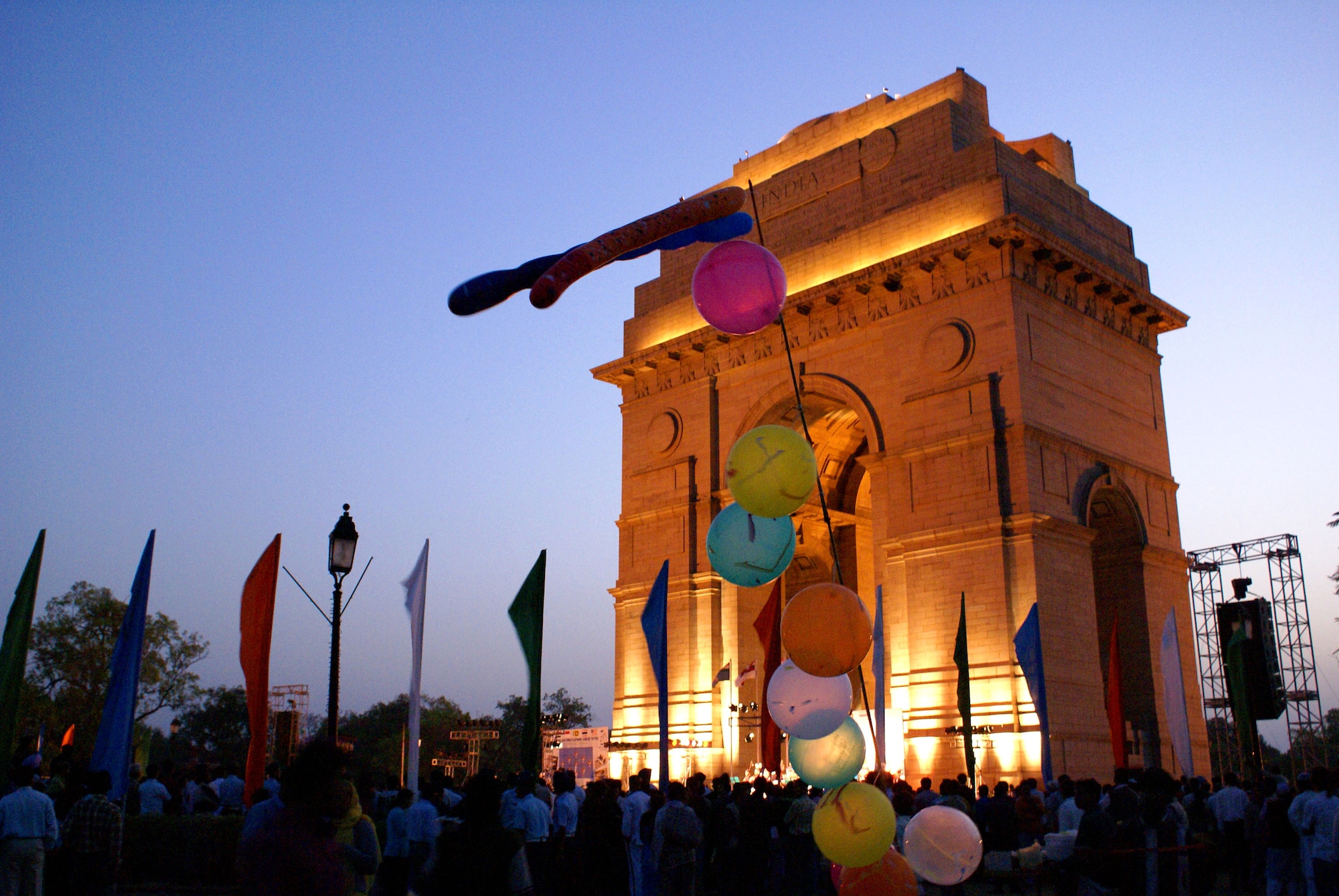 The lights of the India Gate in New Delhi illuminate the stage for bands participating in the Indian Air Force Platinum Jubilee Tattoo March 17.  The Indian Air Force invited the Pacific Air Forces rock band Pacific Trends to take part in the multinational celebration, which included military bands from India, Singapore, Sri Lanka and Thailand. The IAF celebrates its 75th birthday this year. (U.S. Air Force photo/Marine Cpl. Ashleigh Bryant) 