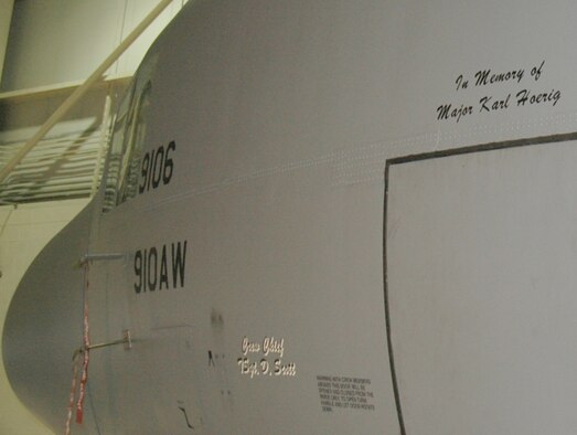 3/23/2007-YOUNGSTOWN AIR RESERVE STATION, Ohio —Members of the 910th Maintenance Squadron's strucural repair and corrosion shops paid tribute to the memory of Major Karl D. Hoerig by stenciling his name on C-130 aircraft 89-9106.  In 2004, the 910th Maintenance Group began a tradition of memorializing a fellow 910th assigned Air Force Reservist who passed away by placing their name on the aircraft aboce the crew door and dedicating the next mission in their honor.  Aircraft 89-9106 departed on an aerial spray mission to Hill AFB, Utah March 22, 2007. Members of the The 910th Airlift Wing received sad news that a valued wingman and friend, Major Karl D. Hoerig, 43, passed away early last week.  U.S. Air Force Photo/Capt. Brent J. Davis