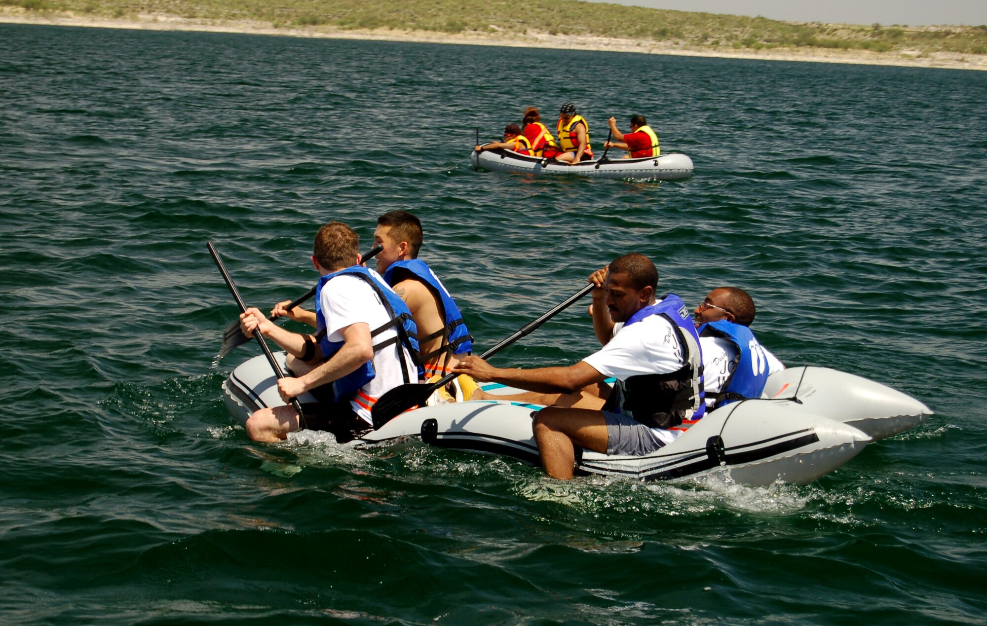 LAUGHLIN AIR FORCE BASE, Texas -- Teams race towards the finish line in rafts during one of the last legs of the 2006 Laughlin Adventure Race.  (U.S. Air Force photo by Staff Sgt. Austin M. May)