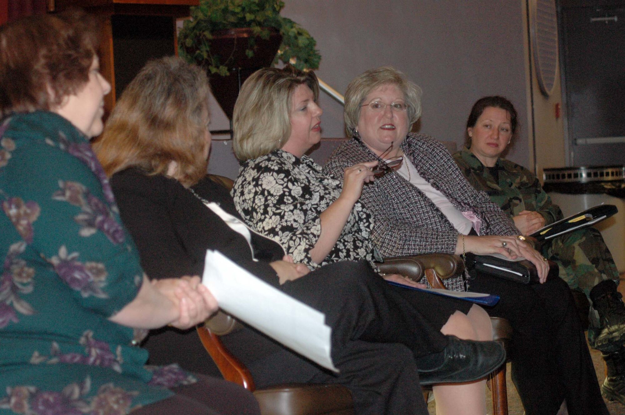 Shelbie Purser, center, speaks at the senior leadership panel discussion Wednesday. The discussion was one of the Women's History Month events. The finale of the month-long celebration will be a luncheon Thursday in the officers’ club ballroom from 11:30 a.m to 1 p.m. U.S. Air Force photo by Sue Sapp 